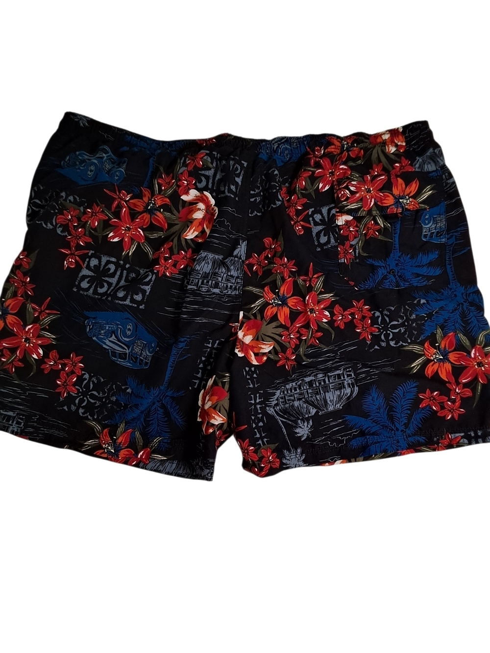 Faded Glory Black Swim Trunks with Red Floral & Blue Palm Accents